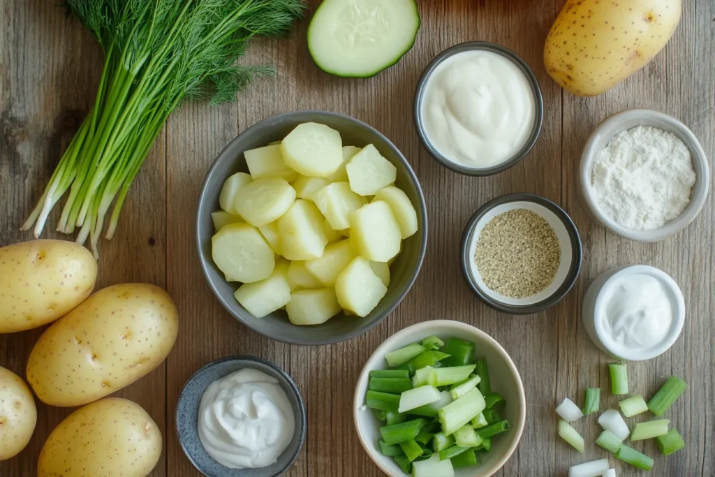 Ingredients for smashed potato salad with dill pickles