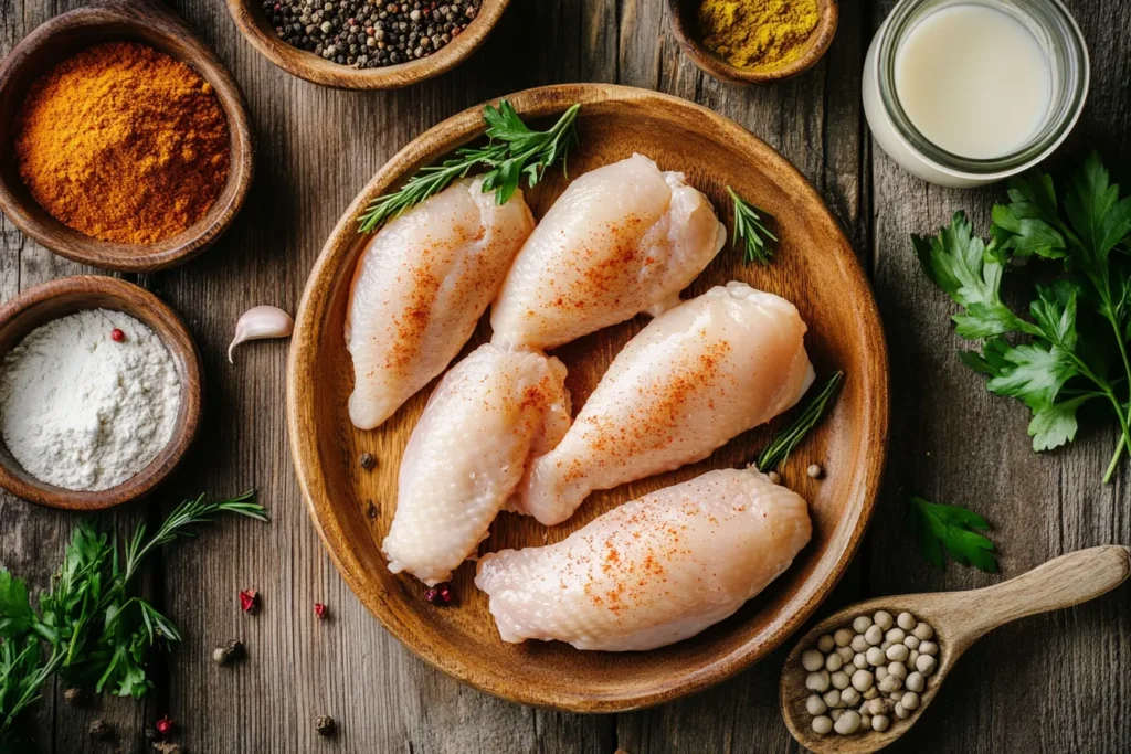 Ingredients laid out for spicy chicken tenders