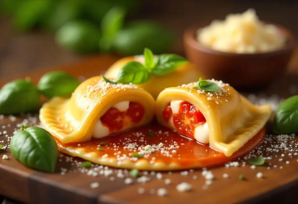 Close-up of ravioloni with visible burrata and tomato filling