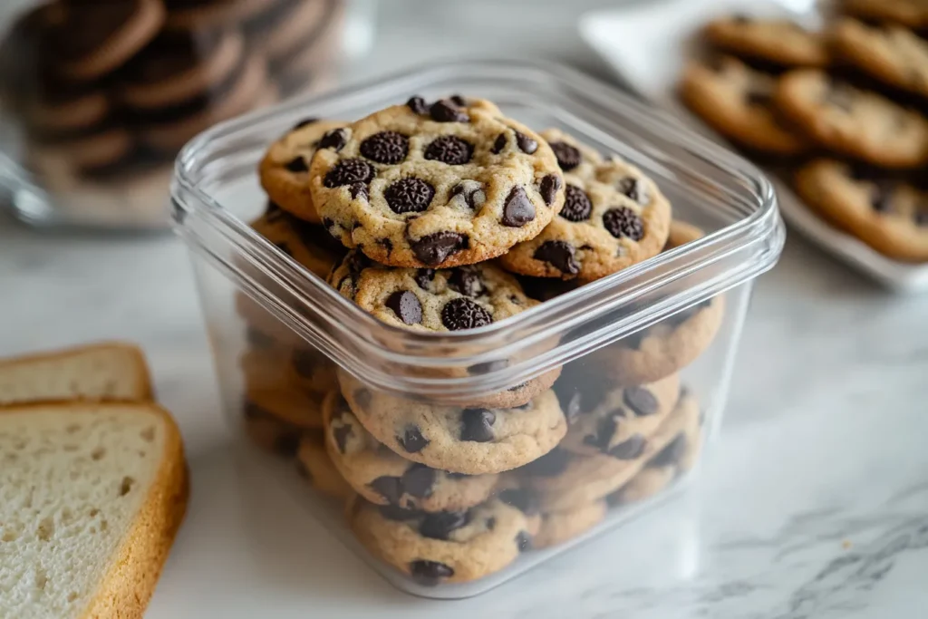 Cookies in a sealed glass container with a slice of bread