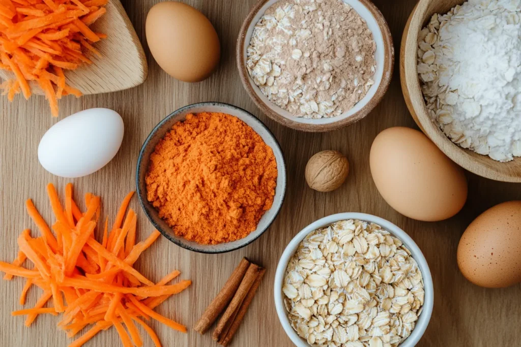 Carrots, oats, protein powder, and eggs on a countertop