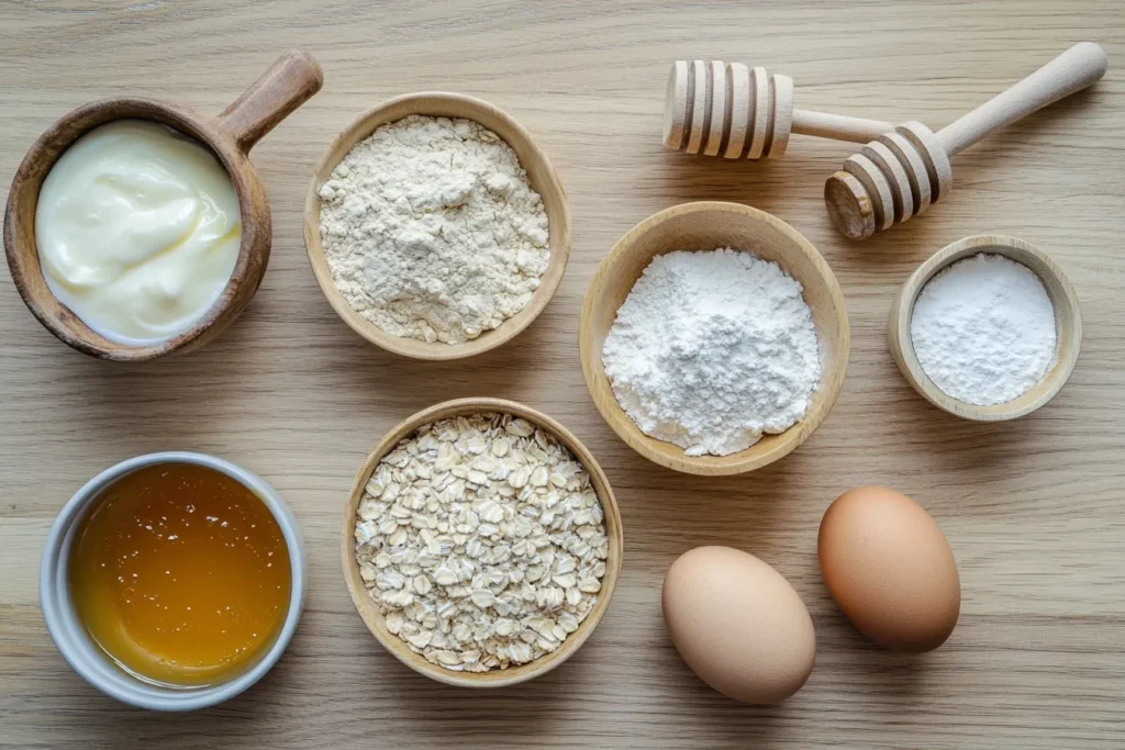Greek yogurt, protein powder, eggs, oat flour, and honey displayed on a wooden countertop