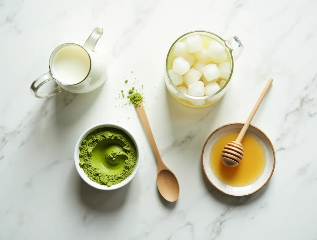 “Matcha powder, milk, sweetener and ice cubes laid out”