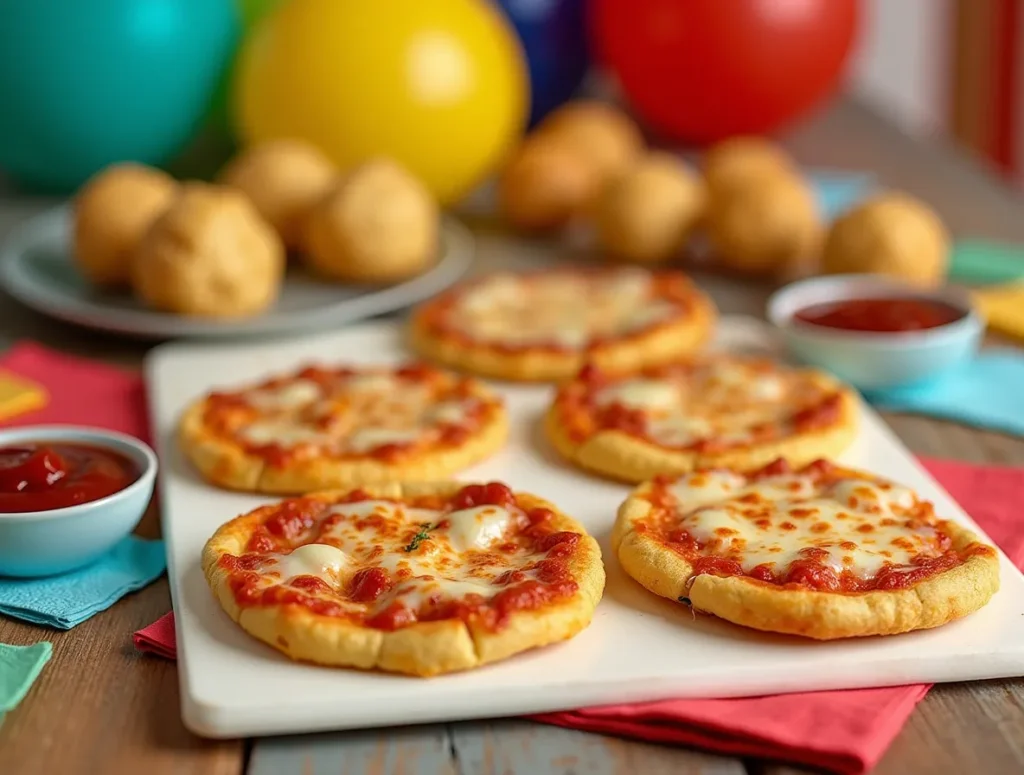 Mini pizzas and cheese corn balls for kids