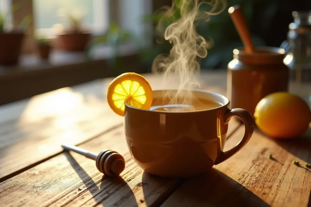 A steaming cup of kratom tea with lemon slices and honey jar beside it