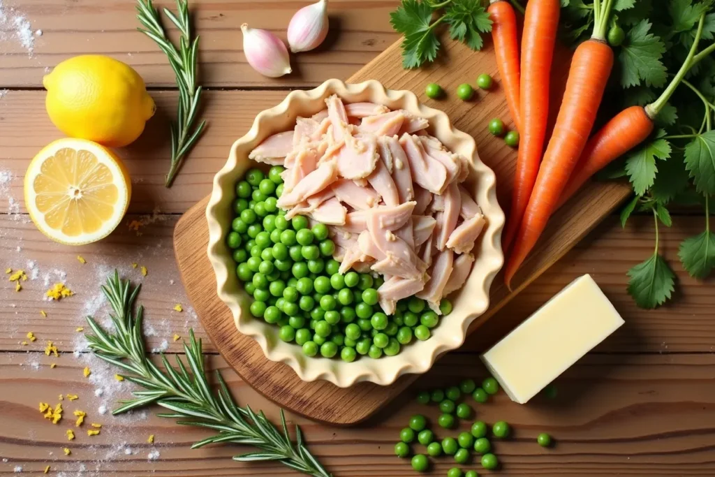 Fresh ingredients for lemon herb chicken pot pie laid out