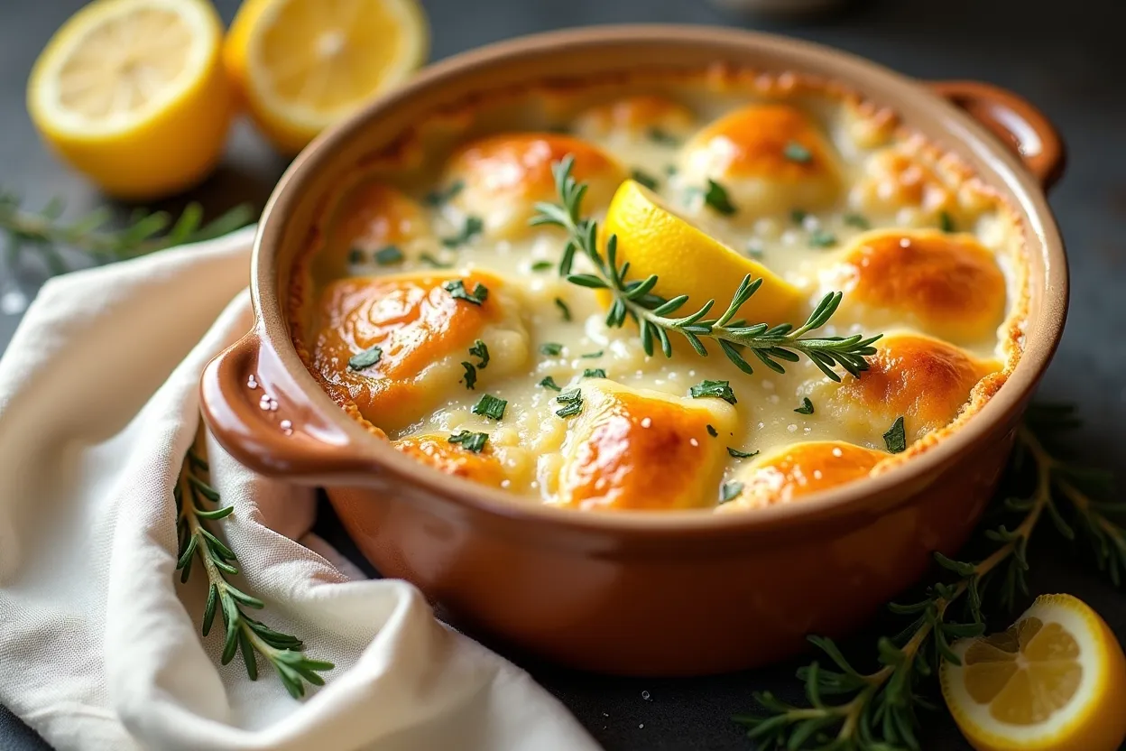 Golden-baked Lemon & Herb Chicken Pot Pie in a rustic pie dish