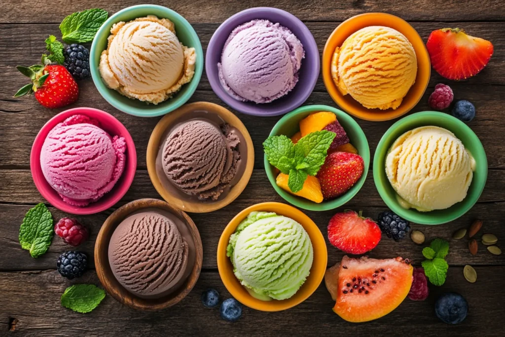 Assorted low calorie ice cream scoops in bowls