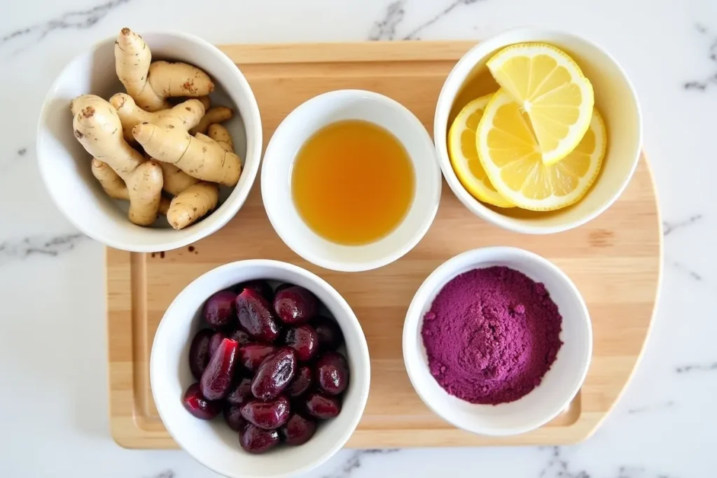 Brazilian Mounjaro drink ingredients in bowls and cutting boards
