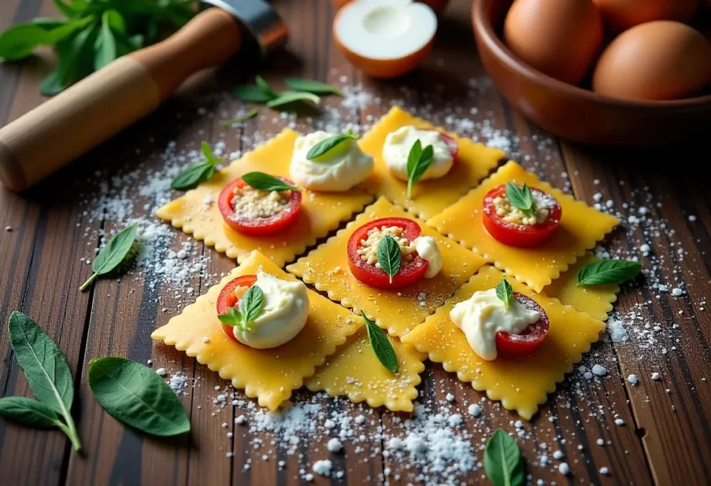 Homemade ravioloni on a floured surface being filled with burrata