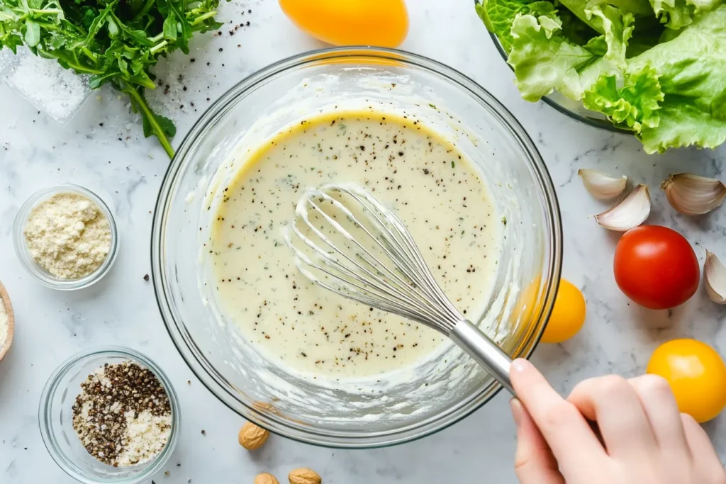 Whisking Caesar dressing in a bowl