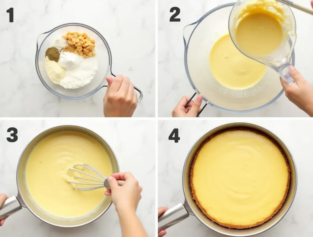 Step-by-step collage of making a cottage cheese cheesecake