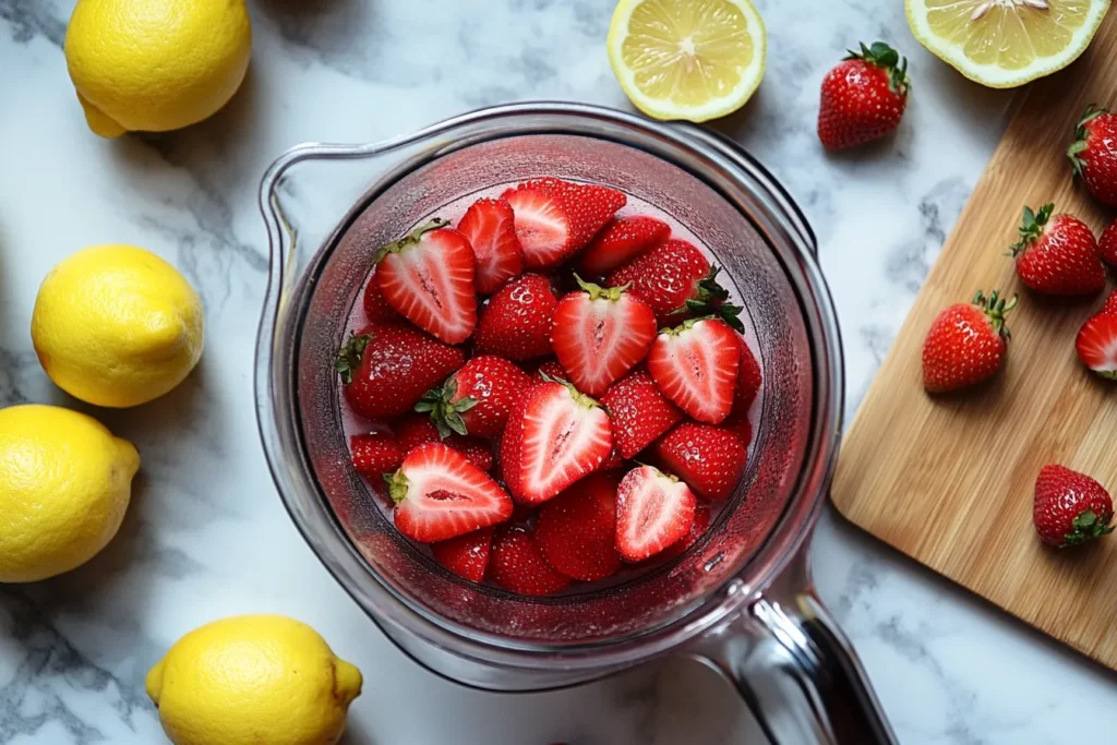 Blending fresh strawberries for lemonade