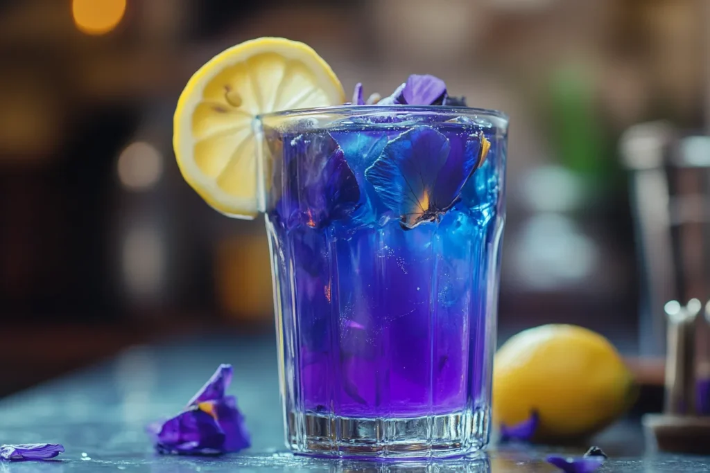 Pouring lemon juice into glass with butterfly pea tea