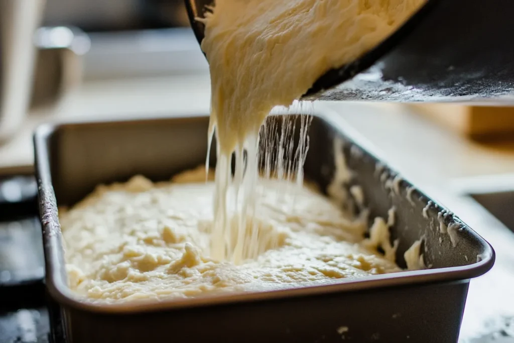 Blended batter being poured into a loaf pan