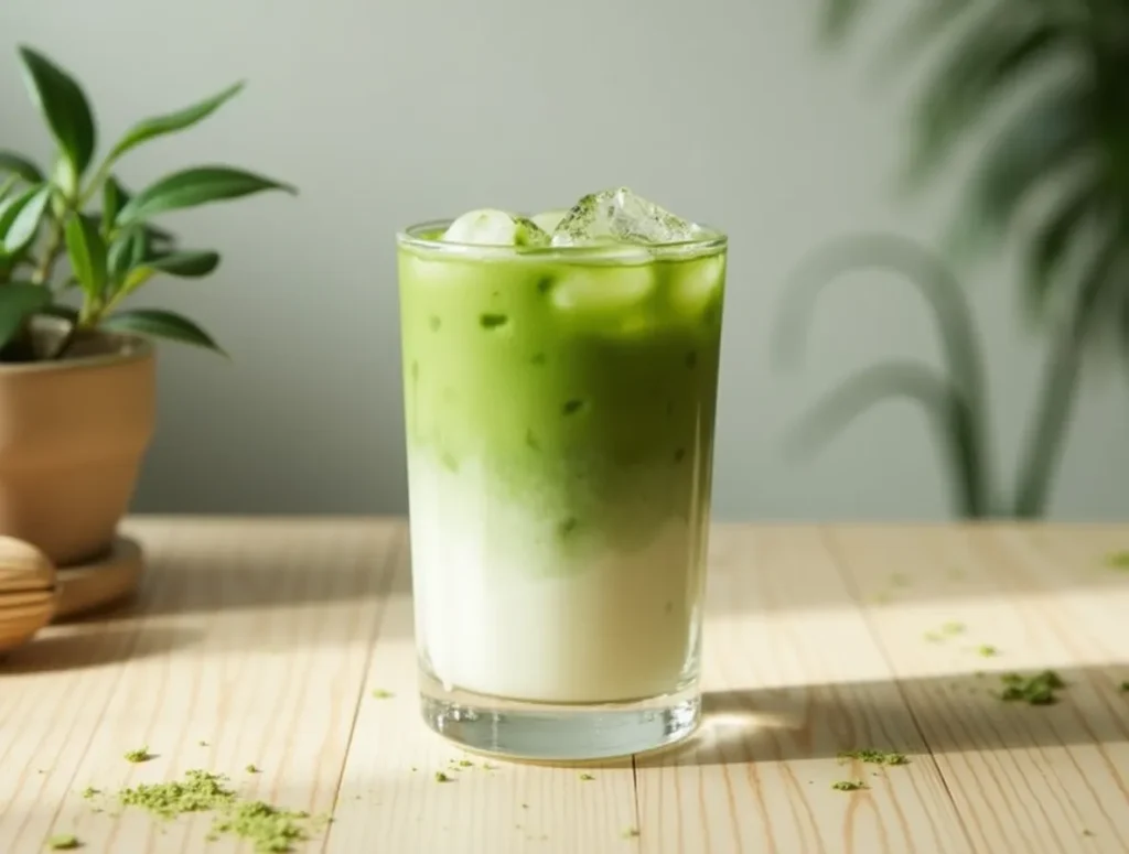 “Refreshing glass of matcha iced latte on a summer day”