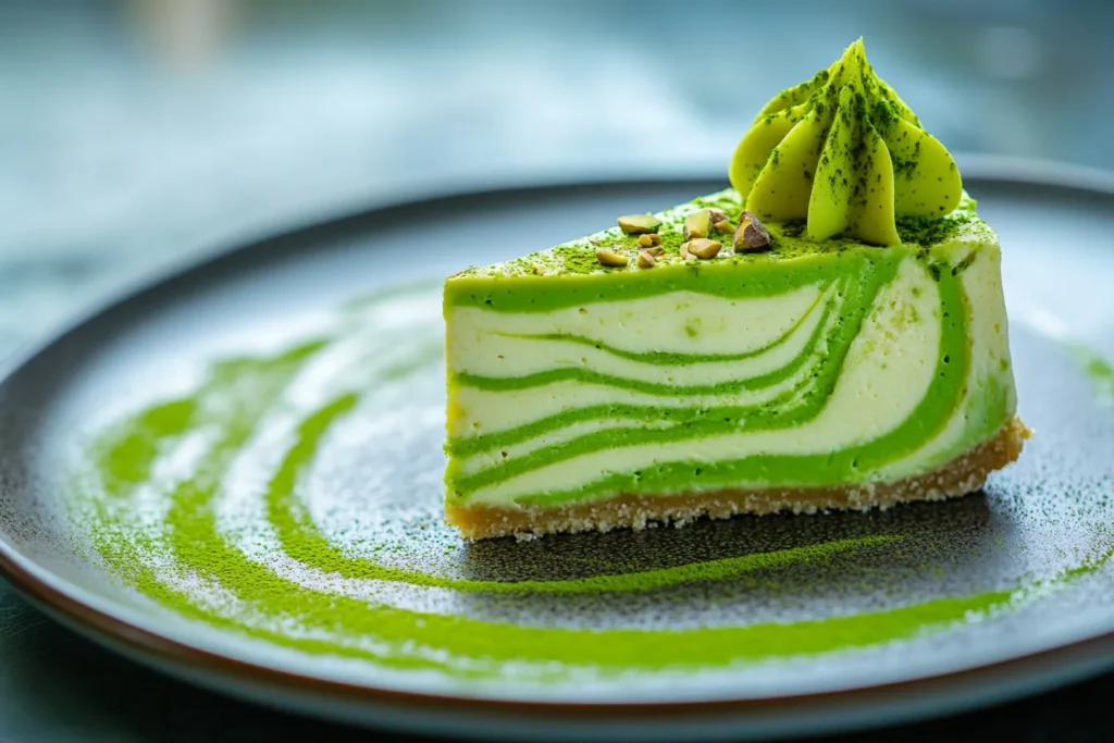 Matcha pistachio cheesecake variation with swirl topping