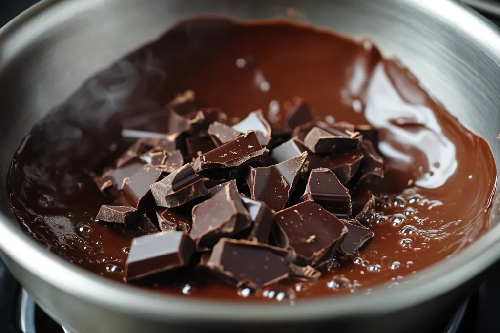 Melted chocolate in a bowl over water bath
