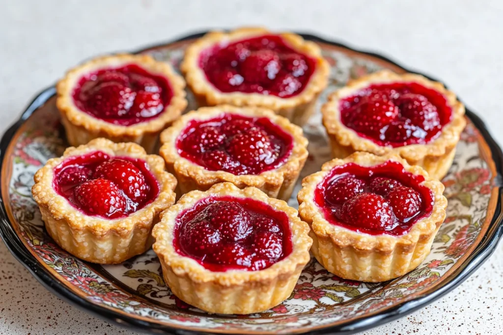 Mini goumi berry tarts on a white plate