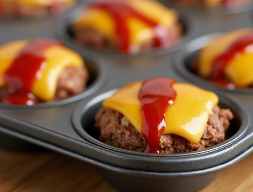 “Mini meatloaf muffins on a tray with ketchup glaze”