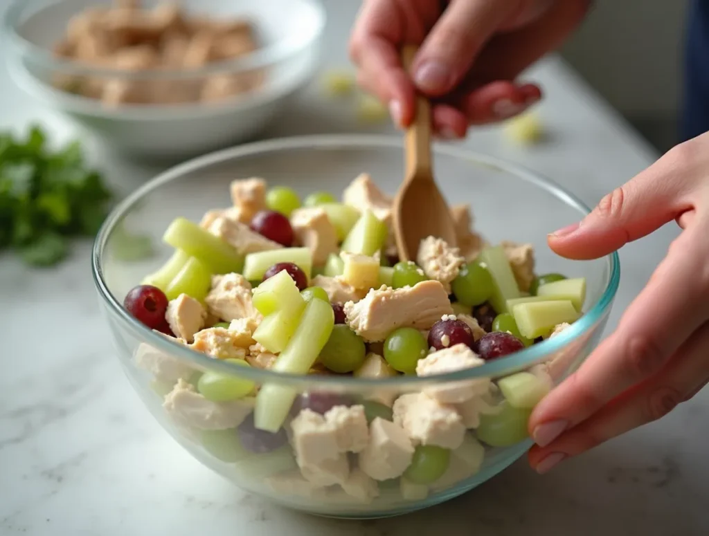 Mixing chicken salad ingredients in a large glass bowl