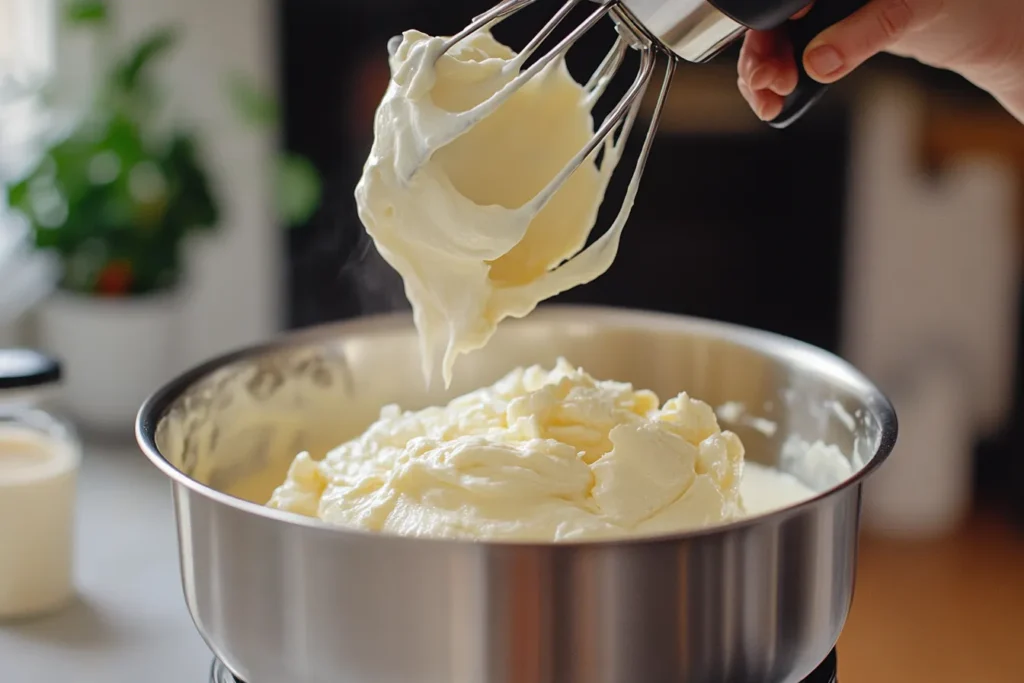 “Mixing cheesecake filling with a hand mixer”