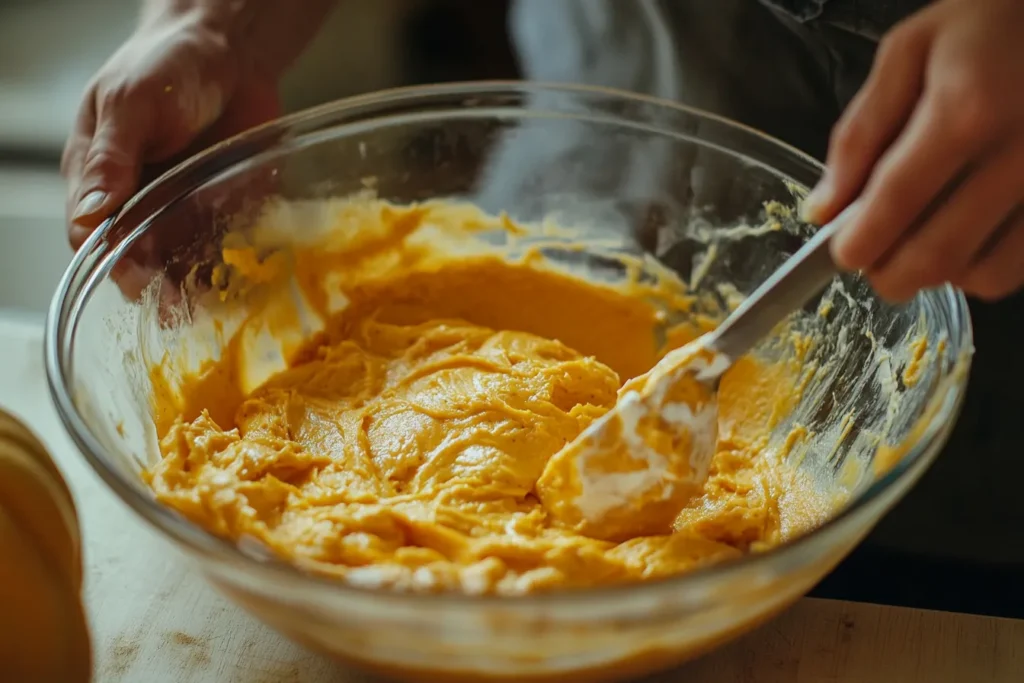 mixing pumpkin and cream cheese in a bowl
