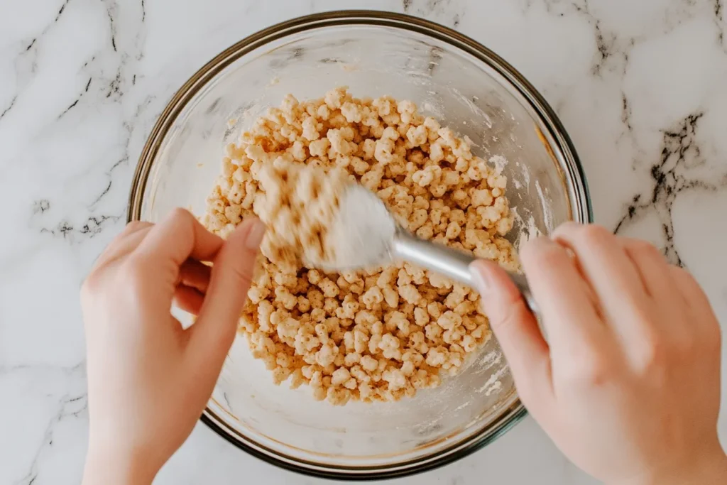 Mixing bowl with cookie dough and rice cereal