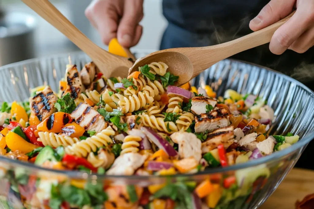 Tossing pasta salad with dressing in a mixing bowl