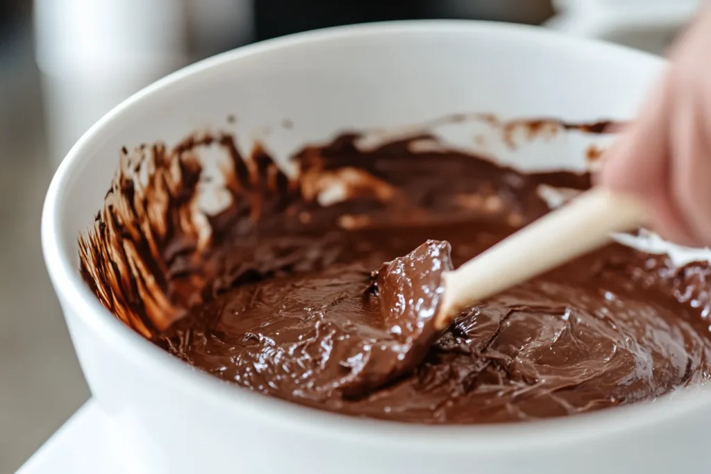 person mixing brownie batter in a bowl with a spatula