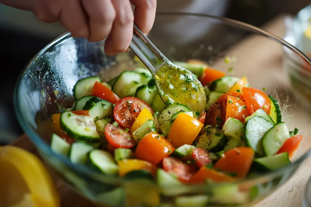 Mixing salad with vinaigrette in a glass bowl