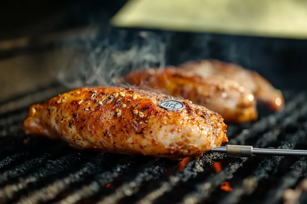 Chicken breast on a grill with thermometer probe inserted