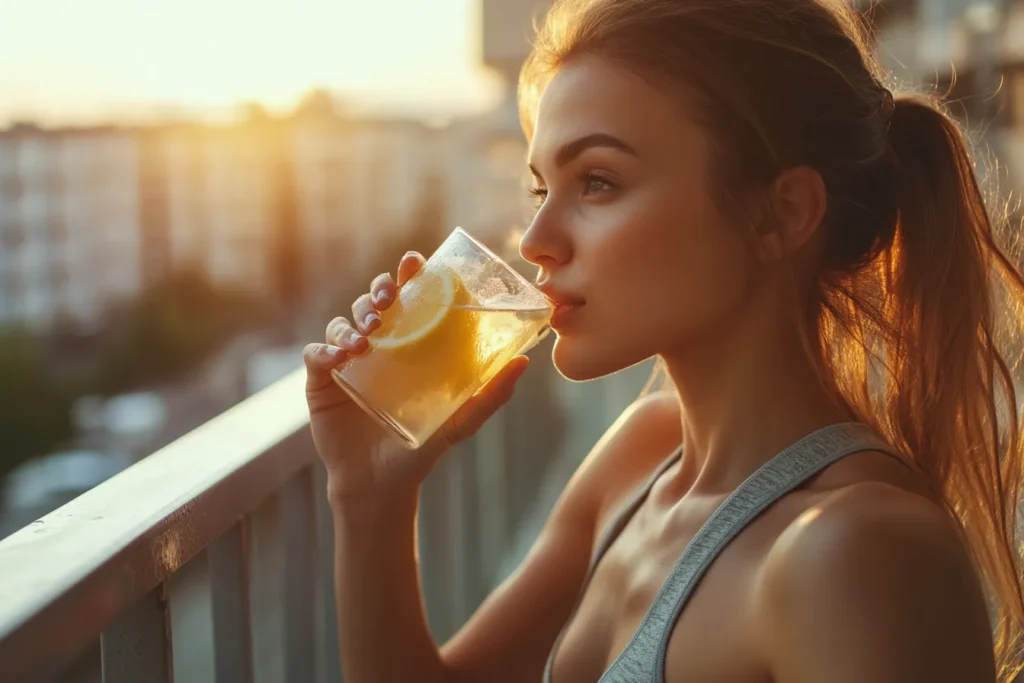 Person drinking detox water in morning sunlight