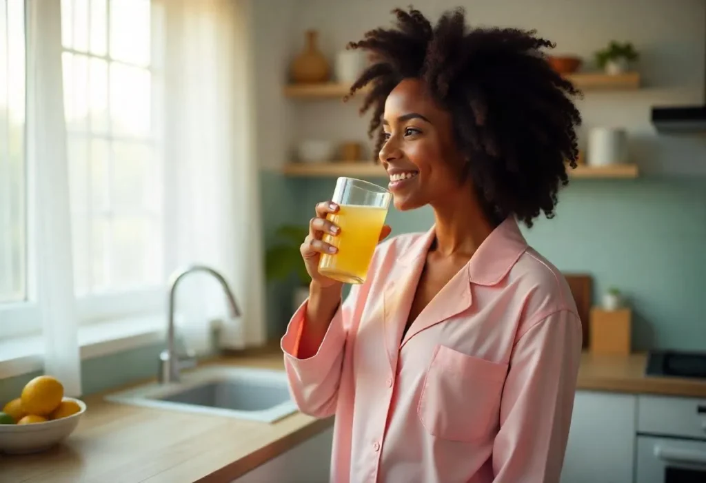 Happy woman drinking a homemade detox drink in the morning