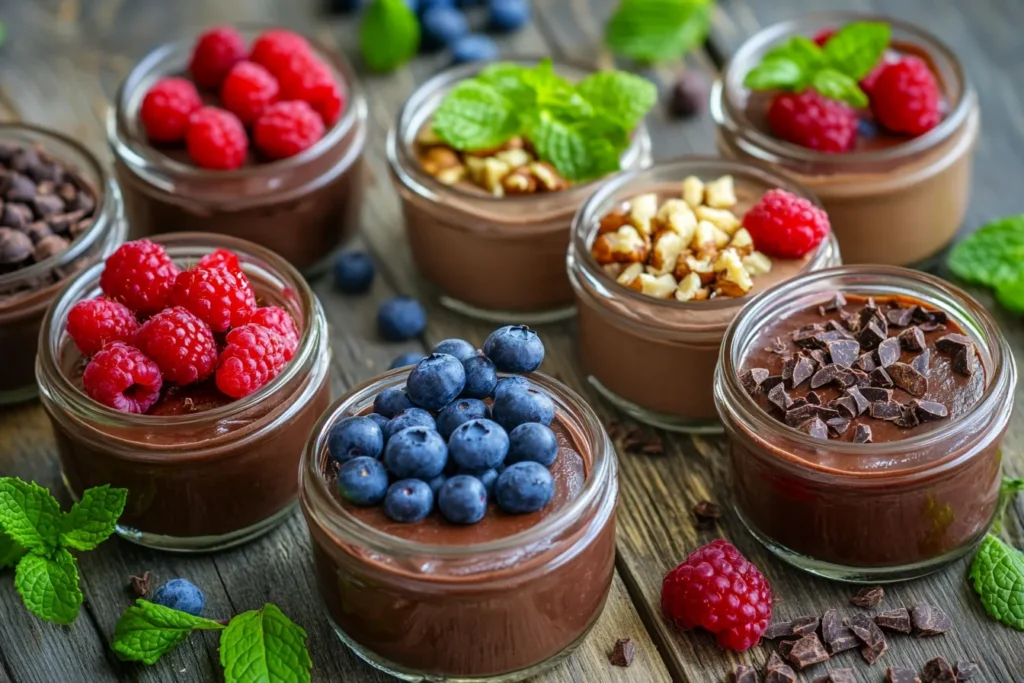 Various mousse servings with different toppings and flavors
