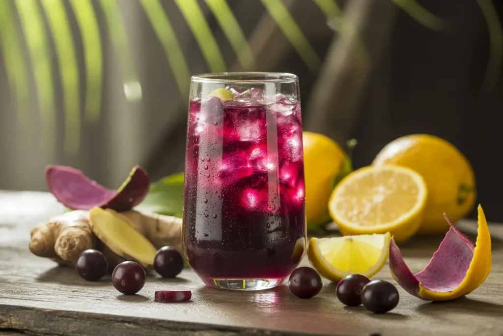 Vibrant Brazilian Mounjaro drink surrounded by fresh ingredients