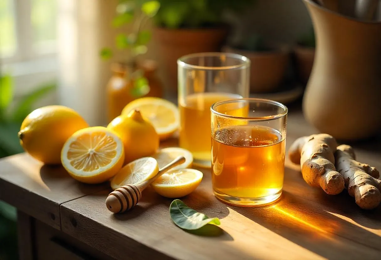 Fresh lemon, ginger, and honey ingredients on a wooden table