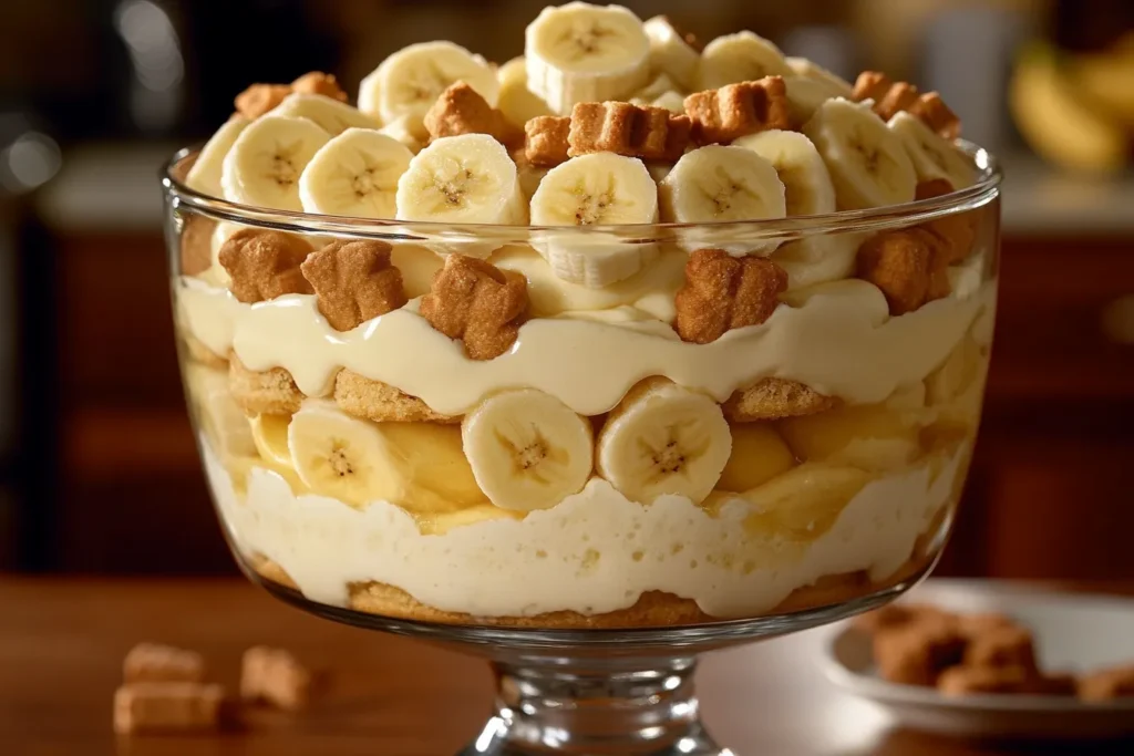 A close-up of layered banana pudding with cookies and bananas
