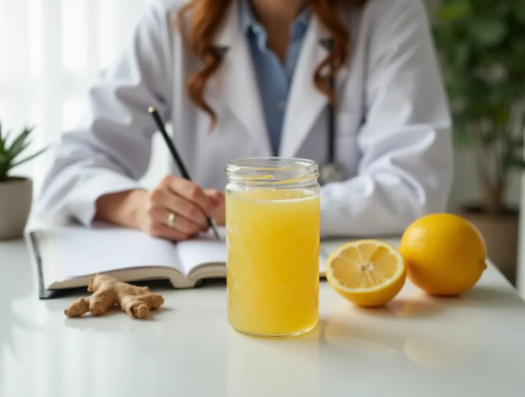 Nutritionist writing diet tips with detox drink on table