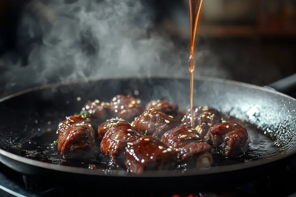 Enoki beef rolls sizzling in a hot skillet with glaze