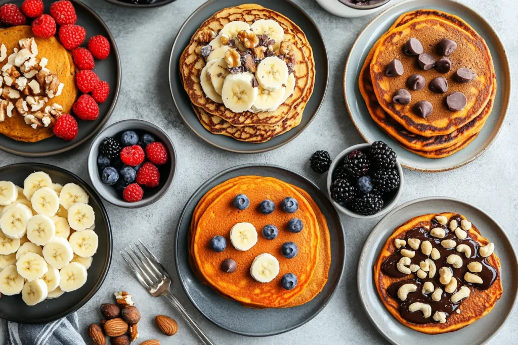 Different versions of carrot protein pancakes with toppings