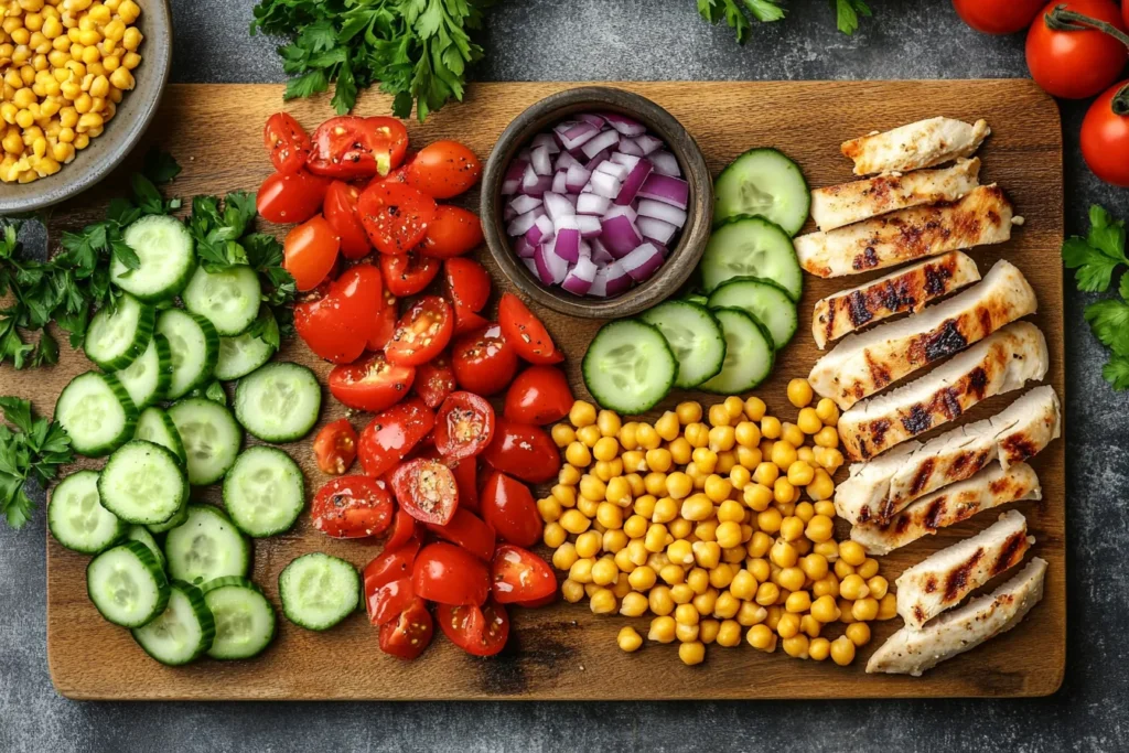 Fresh vegetables and chicken on a cutting board