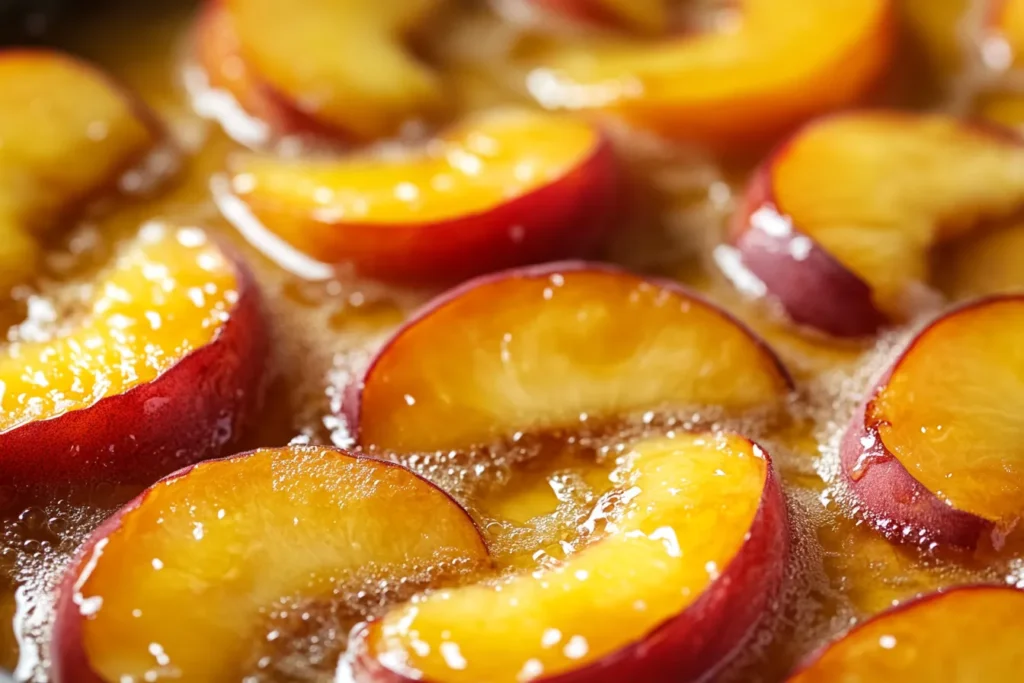 Close-up of peach slices cooking in sugar and butter