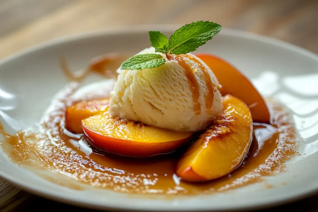 Caramelized peaches served with vanilla ice cream