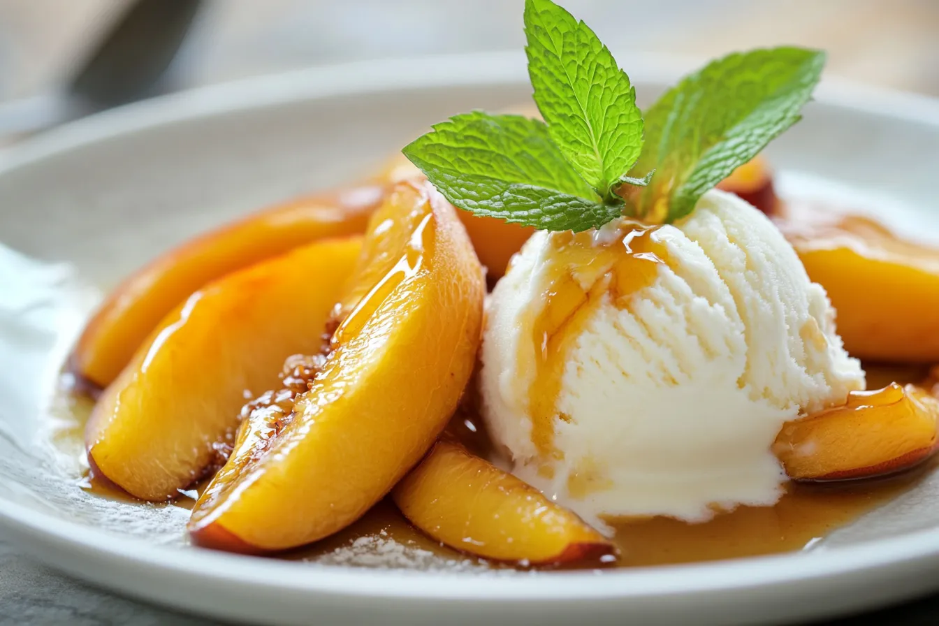 Caramelized peaches served with vanilla ice cream