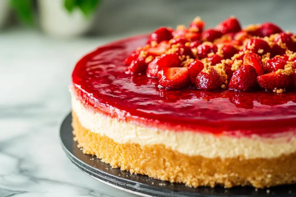 “Perfectly baked strawberry crunch cheesecake with no cracks”