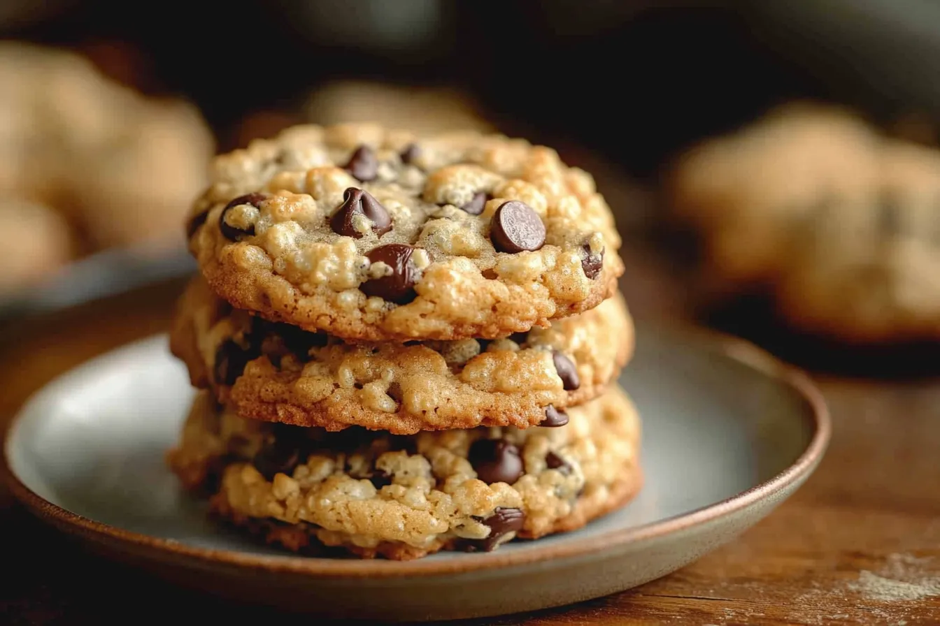 “Chewy rice krispie chocolate chip cookies stacked on a plate”