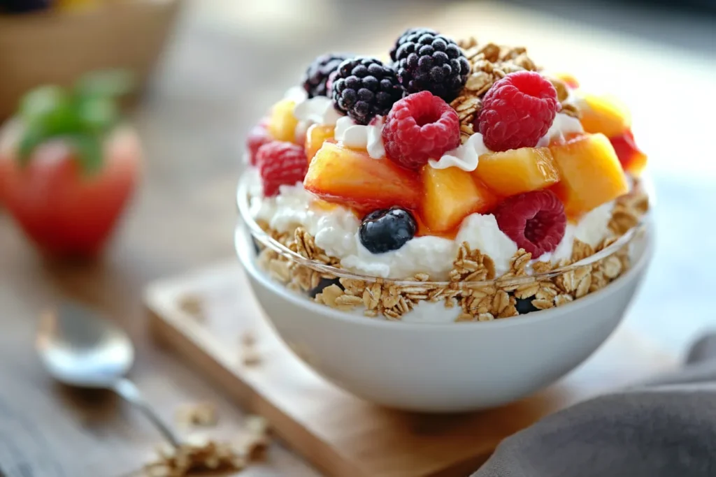 Beautifully plated cottage cheese bowl with toppings