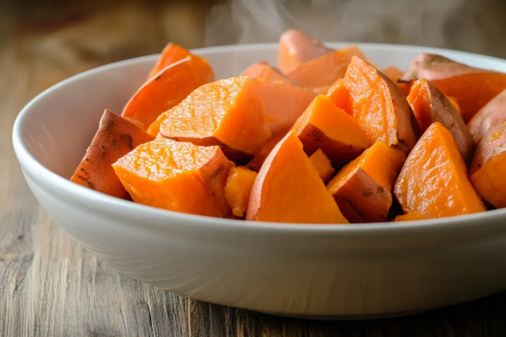 Steamed sweet potatoes served in a white bowl