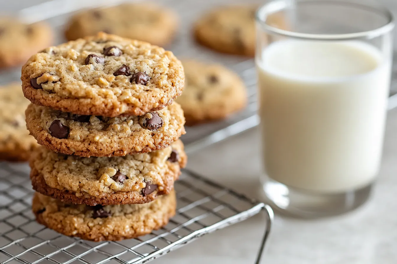 Stack of freshly baked rice crispy chocolate chip cookies
